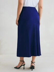 BizChic Falda noble y elegante de talla grande de satén tejido de unicolor - Azul Marino - Ver 2