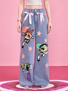The Powerpuff Girls | ROMWE Quần Jeans Ống Rộng Họa Tiết Hình Hoạt Hình Cho Nữ, Trường Học - Màu xanh lam - Xem 5