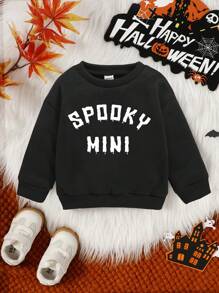 女婴圆领长袖字母印花运动衫，日常休闲装，适合万圣节派对