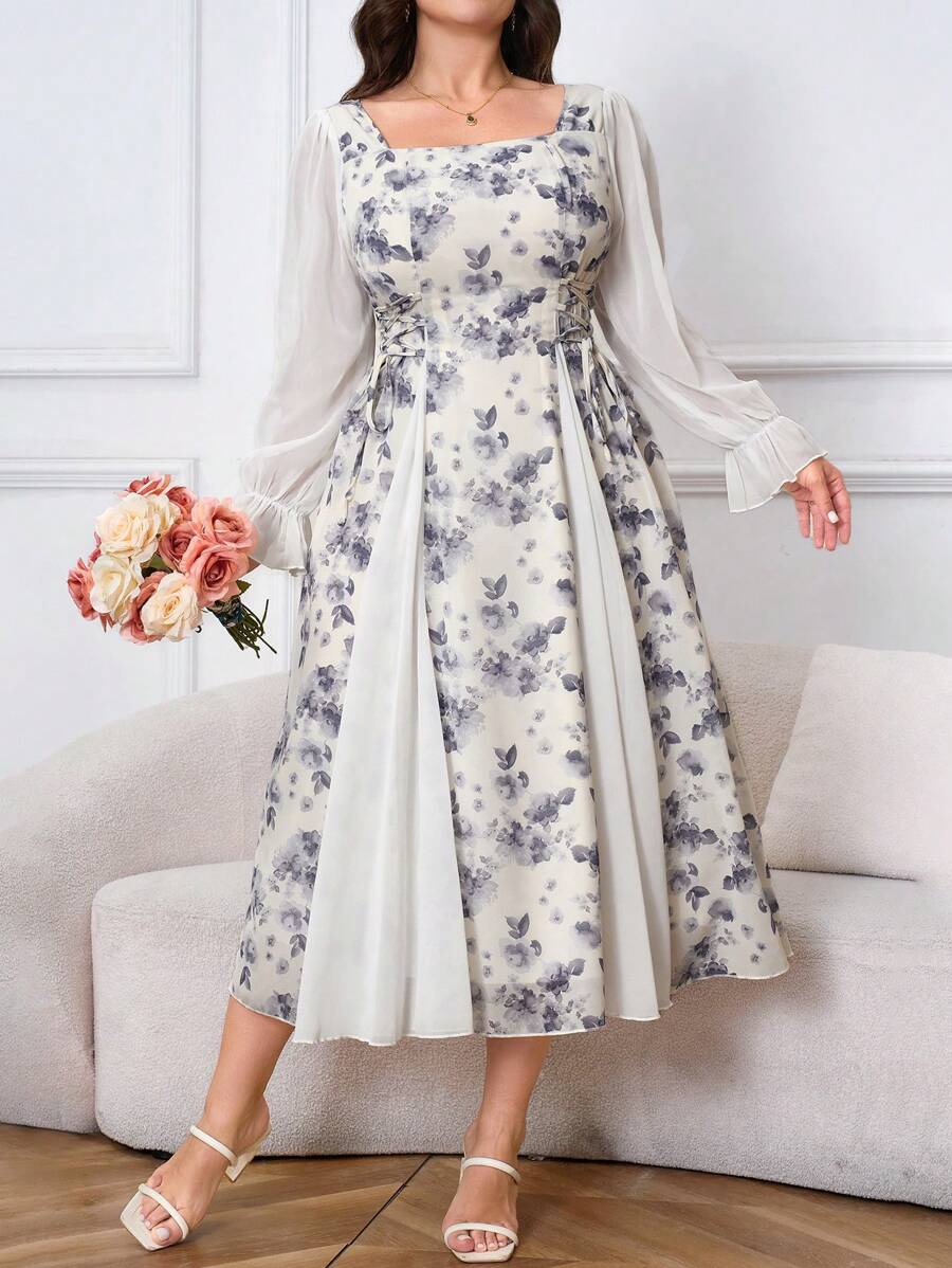 Modelyn Plus Size Square Neck Floral Printed Elegant Long Sleeve Dress, Dress For Beach, Party, Summer, Casual, Vacation And Dating - Apricot - View 1