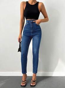 SHEIN Cottnline سروال جينز قصير ذو خصر عالي من قطن بنسبة 98% مغسول بالماء - الأزرق - مشاهدة 5