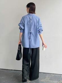 FRIFUL Women's Striped Printed Back Tie Long Sleeve Shirt - Blue - View 2