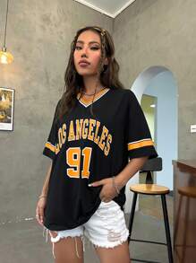 StreetHx Los Angeles English Numeric Pattern Ribbed V-Neck Oversized T-Shirt Graphic Tees Women Tops