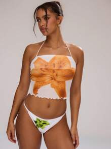 MUSERA Floral Sheer Mesh Halterneck Top Summer Ibiza Going Out Tops