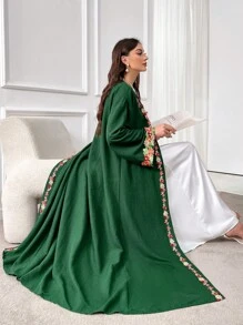 Al Najma Váy Abaya thêu hoa đơn giản hàng ngày cho nữ - Màu xanh lá cây đậm - Xem 2