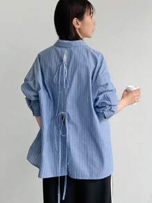 FRIFUL Women's Striped Printed Back Tie Long Sleeve Shirt - Blue - View 1