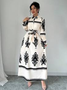 Elenzga Robe-chemise imprimée à manches longues, col rabattu, style tendance pour navetteur, motif spécifié, tenue maxi pour femmes