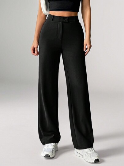 SHEIN Tall Women's Solid Color Zipper Built-In Straight Pants