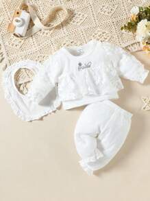 3 pezzi Bianco Pantaloni Con Bordo Di Pizzo, Top A Maniche Lunghe E Bavaglino  Set Per Bambine, Abbigliamento Per La Casa - Bianco - Visualizzare 1