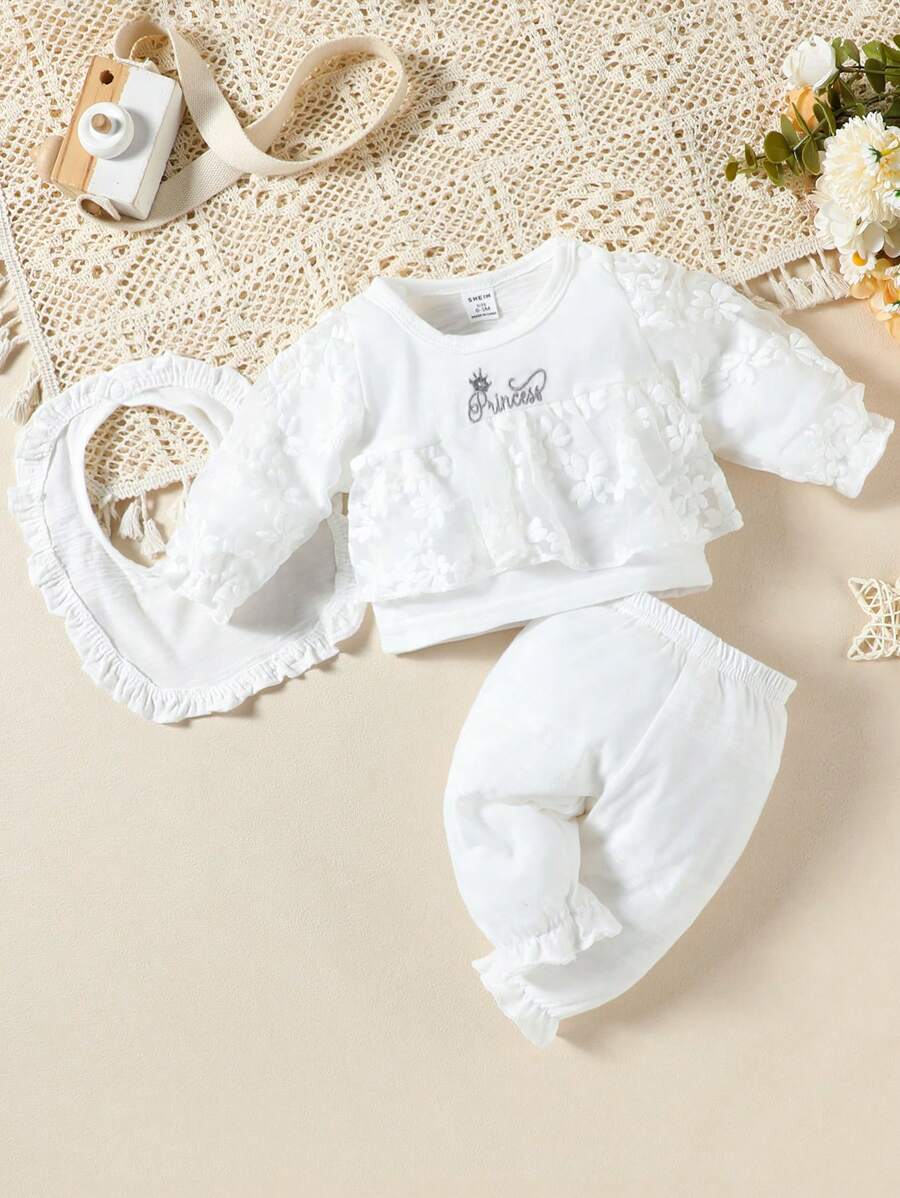 3 pezzi Bianco Pantaloni Con Bordo Di Pizzo, Top A Maniche Lunghe E Bavaglino  Set Per Bambine, Abbigliamento Per La Casa - Bianco - Visualizzare 1
