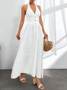 RueChic Women's Plain White Button Front Halter Backless A-Line Dress With Waist Cinched