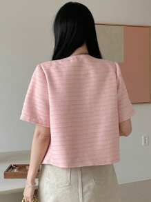 DAZY 女士假珍珠裝飾的鈕扣短袖口袋外套，休閒日常穿著 - 粉色 - 查看 6