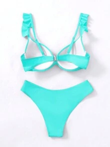 Swim Basics Two-Piece Bikini Set With Push-Up Padding And Underwire, Ruffle Hem Without Binding Summer Beach