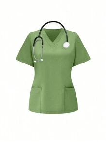 TaskEZ Cho Nữ Màu Trơn Cổ Chữ V Tay Ngắn Có Túi Và Eo Đàn Hồi Quần Dài Đồng Phục Y Tá Bộ Tẩy Tế Bào Chết - màu xanh lá - Xem 6