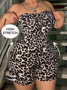 Flirla Mono de leopardo de moda de verano de talla grande, ajuste delgado