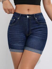 SHEIN Tall Quần short denim nữ dáng suông có gấu và túi - Màu xanh hải quân - Xem 6