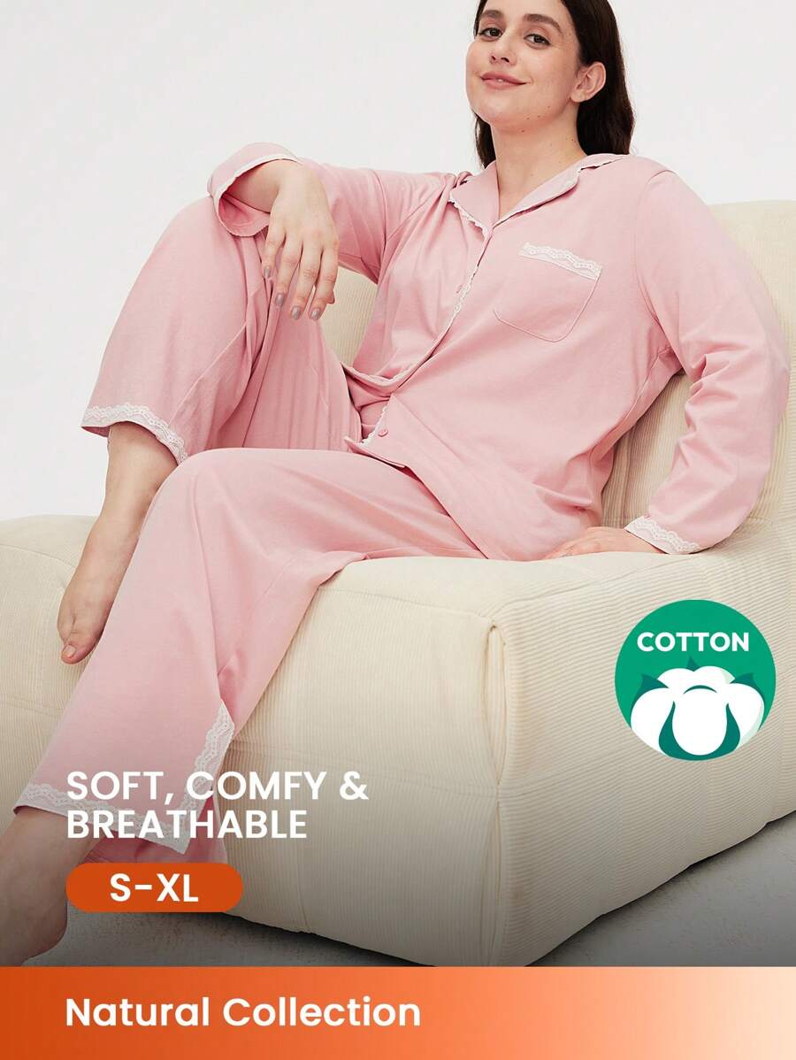 LUVLETTE 柔软100%纯棉蕾丝边长款女士粉色睡衣套装家居服套装，带口袋长裤，内衣新娘贴身衣物婚礼用品 - 粉色 - 查看 1