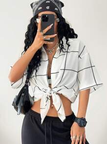 SHEIN EZwear 格紋燕脂短袖蝙蝠袖襯衫，多功能搭配並具備防曬功能 - 白色 - 查看 5