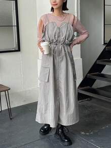 FRIFUL Women's Zipper Pockets Design Waist-Cinched Casual Dress Sundress - Light Grey - View 8