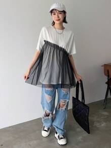 FRIFUL Women's Solid Color Simple Daily Wear Mesh Short Sleeve T-Shirt,Ruffle