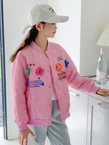 Tween Girls Nút phía trước 3D Hoa trang trí in chữ Áo khoác đệm có túi - Màu Hồng baby - Xem 4