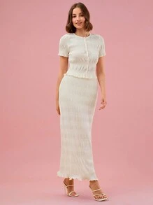 Enchnt 女裝純色簡約日常短袖襯衫及裙子套裝