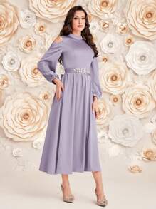 Modelyn Đầm dạ hội dài tay màu trơn cổ đứng khoét rỗng cho nữ - Màu tím - Xem 4