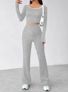 SHEIN Unity 女士彩色拼接修邊圓領長袖上衣和褲子休閒套裝 - 灰色 - 查看 5