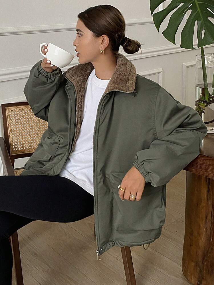 Solid Color Loose Long Sleeve Pocketed Fleece Women's Padded Coat, Ladies Winter Casual Drawstring, Pocket, Zipper Drop Shoulder Collar Loose Green Plain Women Padded Coats, Winter Warmth/ Winter Fashion ,Winter Women Clothes,Winter Coat Women Jacket