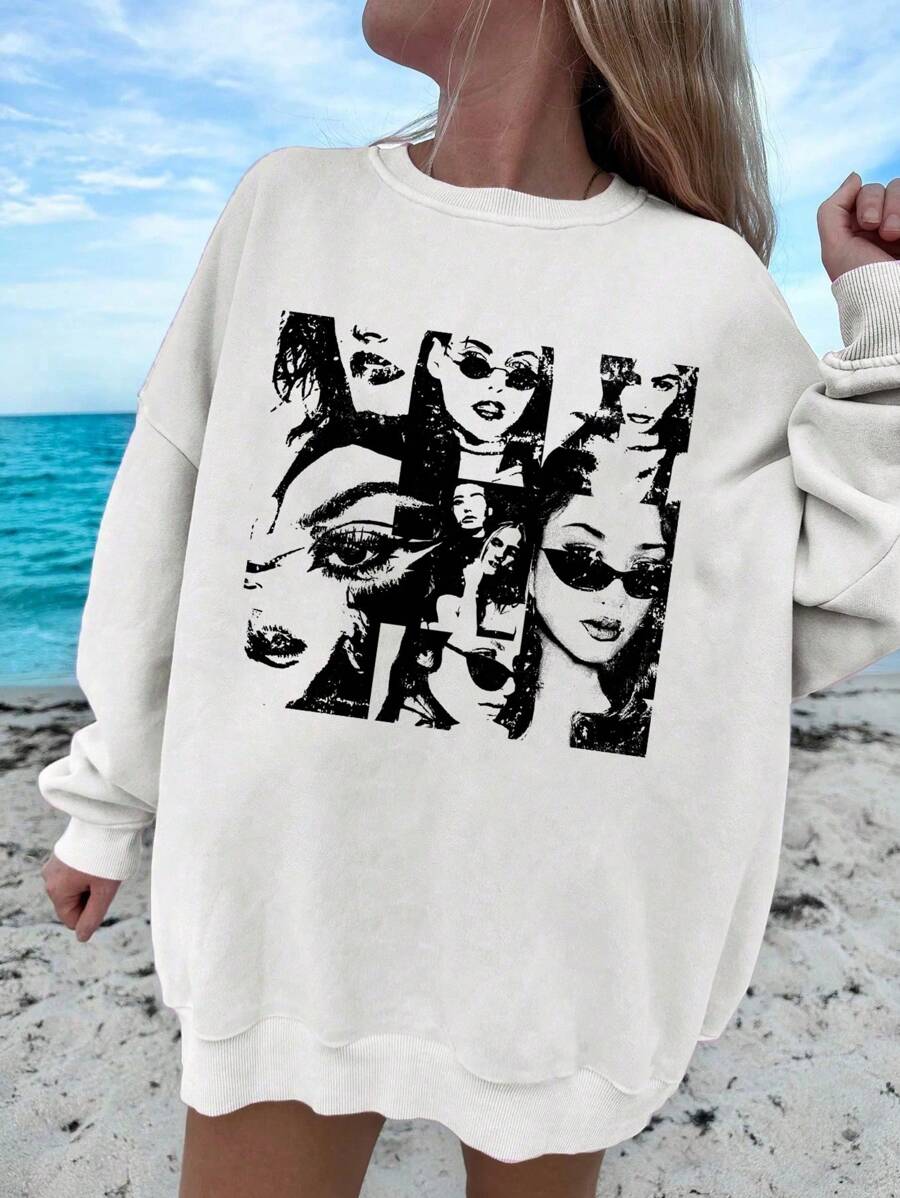 SHEIN EZwear Sudadera de cuello redondo con manga larga, hombros caídos, estampado de figura casual y oversize para mujer, otoño/invierno - Blanco - Ver 1