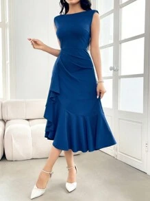 Modelyn Women's Solid Color Sleeveless Ruffle Lace Trim Bodycon Dress Long Evening Dresses