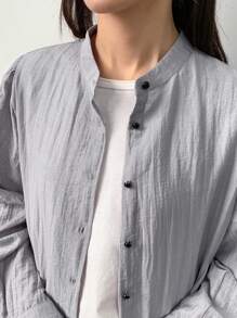FRIFUL Women's Solid Color Simple Daily Wear Long Sleeve Ruffle Hem Blouse Linen - Blue - View 7