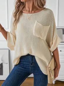 SHEIN LUNE Suéter para mujeres con diseño de hombros caídos y bolsillo, ajuste relajado para uso diario casual