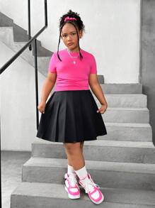 SHEIN Saia curta plissada casual e simples para garotas pré-adolescentes em tamanho estendido