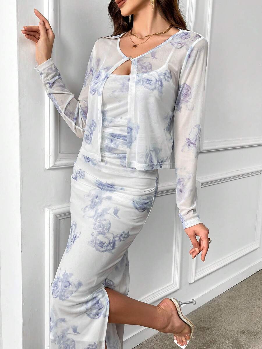 Modelyn Conjunto de 2 piezas de top de manga larga y vestido de tirantes aleatorio para mujer con estampado