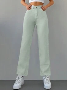 Cottnline High Waist Zipper Fly Front Denim Pants - Mint Green - View 3