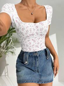 SHEIN EZwear 夏季淺口花卉方領短袖女式連體衣 - 粉色 - 查看 4
