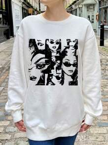 SHEIN EZwear Sudadera de cuello redondo con manga larga, hombros caídos, estampado de figura casual y oversize para mujer, otoño/invierno - Blanco - Ver 6