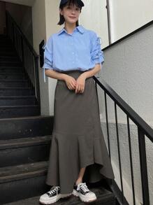 FRIFUL 女士纯色不对称鱼尾长款休闲裙，荷叶边