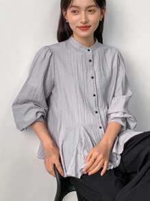 FRIFUL Women's Solid Color Simple Daily Wear Long Sleeve Ruffle Hem Blouse Linen - Blue - View 3
