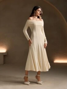 Anewsta Váy chữ A dài tay trễ vai phong cách Pháp có eo thắt, hoàn hảo cho những bữa tiệc nhỏ, trang phục Maxi dành cho nữ - trắng - Xem 6