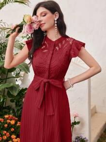 Modelyn Vestido largo de mujer de color rojo burdeos de uso diario sencillo con cinturón, vestido de noche para mujer