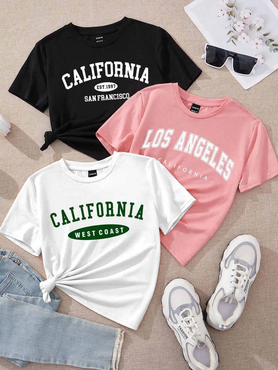 SHEIN EZwear 3pcs Casual Simple English Pattern Round Neck Short Sleeve Slim Cropped Women's T-Shirt Set Back To School - Multicolor - View 1