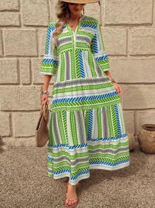 Breezaya Vestido estampado de manga 3/4 con escote en V para mujer