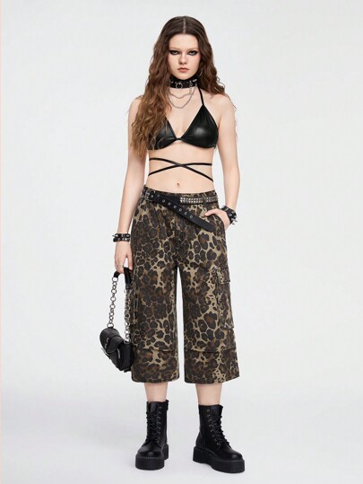 Grunge Punk Millennial Retro Shibuya Girl Fun Leopard Print Loose Wide Leg Denim Shorts