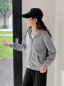 SHEIN Tween Girl Solid Color Front Zip Pocket Hooded Sweatshirt, Daily Casual Wear
