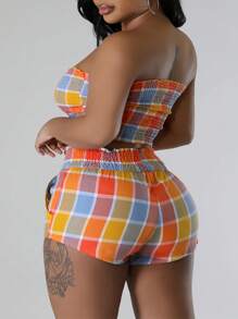 SHEIN Plaid Print Tube Top & Drawstring Side Shorts - Multicolor - View 3