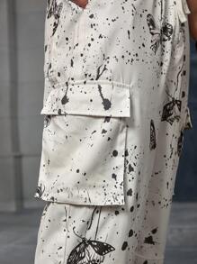 Manfinity LEGND 男士时尚街头蝴蝶泼墨艺术纹理黑白拼色宽松印花工装长款工装裤，外出长款直筒宽松休闲裤，适合老公、男朋友的礼物 - 白色 - 查看 3