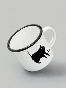 ROMWE Kawaii Một chú mèo hoạt hình dễ thương và những ngôi sao viền đen Phong cách tối giản Cốc cá nhân - màu đen - Xem 3