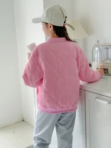 Tween Girls Nút phía trước 3D Hoa trang trí in chữ Áo khoác đệm có túi - Màu Hồng baby - Xem 2